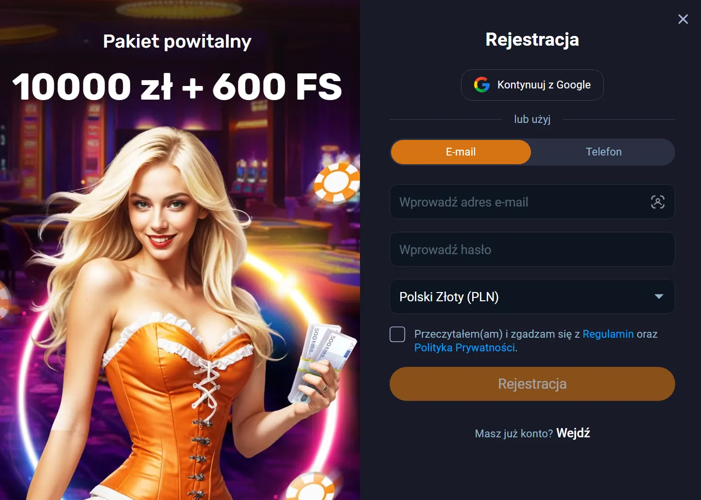 Ekran logowania do panelu gracza